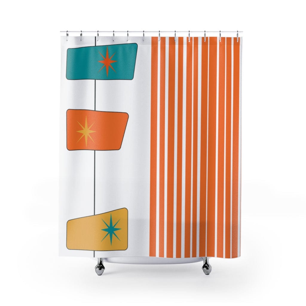 MCM Mid Mod Bathroom Shower Curtain, White, Orange, Yellow, Abstract, Geometric Atomic Age Living Home Decor 71" × 74"