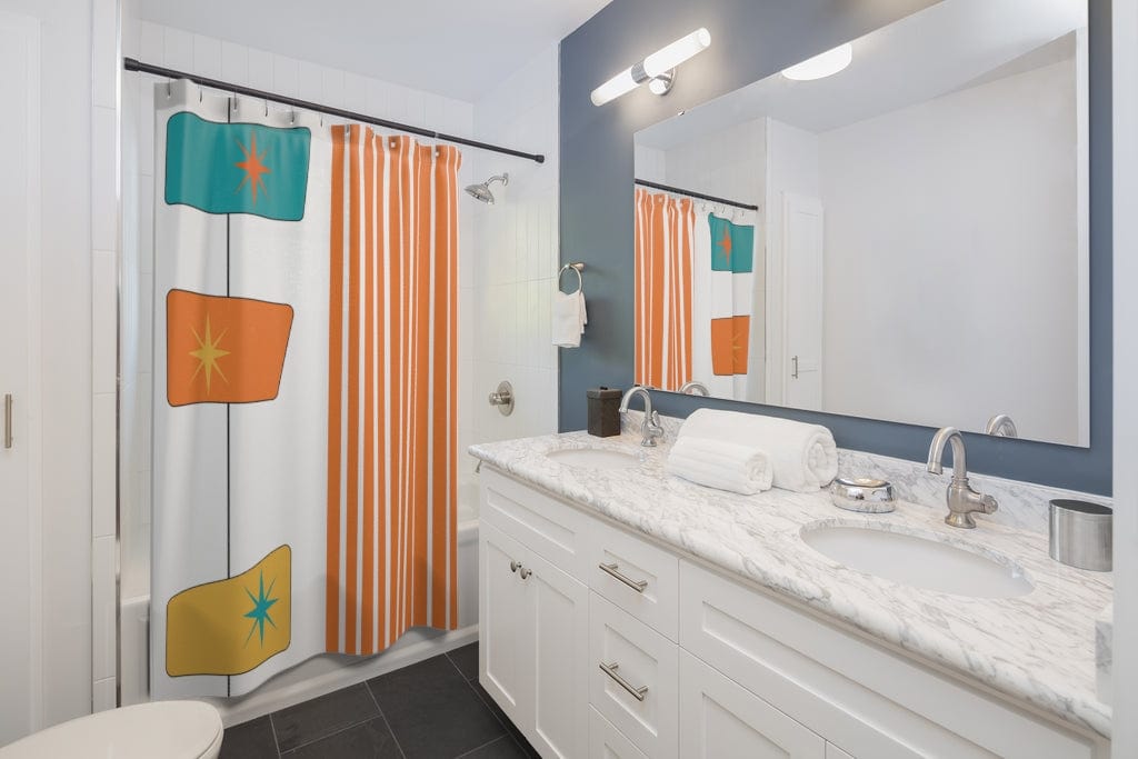 MCM Mid Mod Bathroom Shower Curtain, White, Orange, Yellow, Abstract, Geometric Atomic Age Living Home Decor 71" × 74"