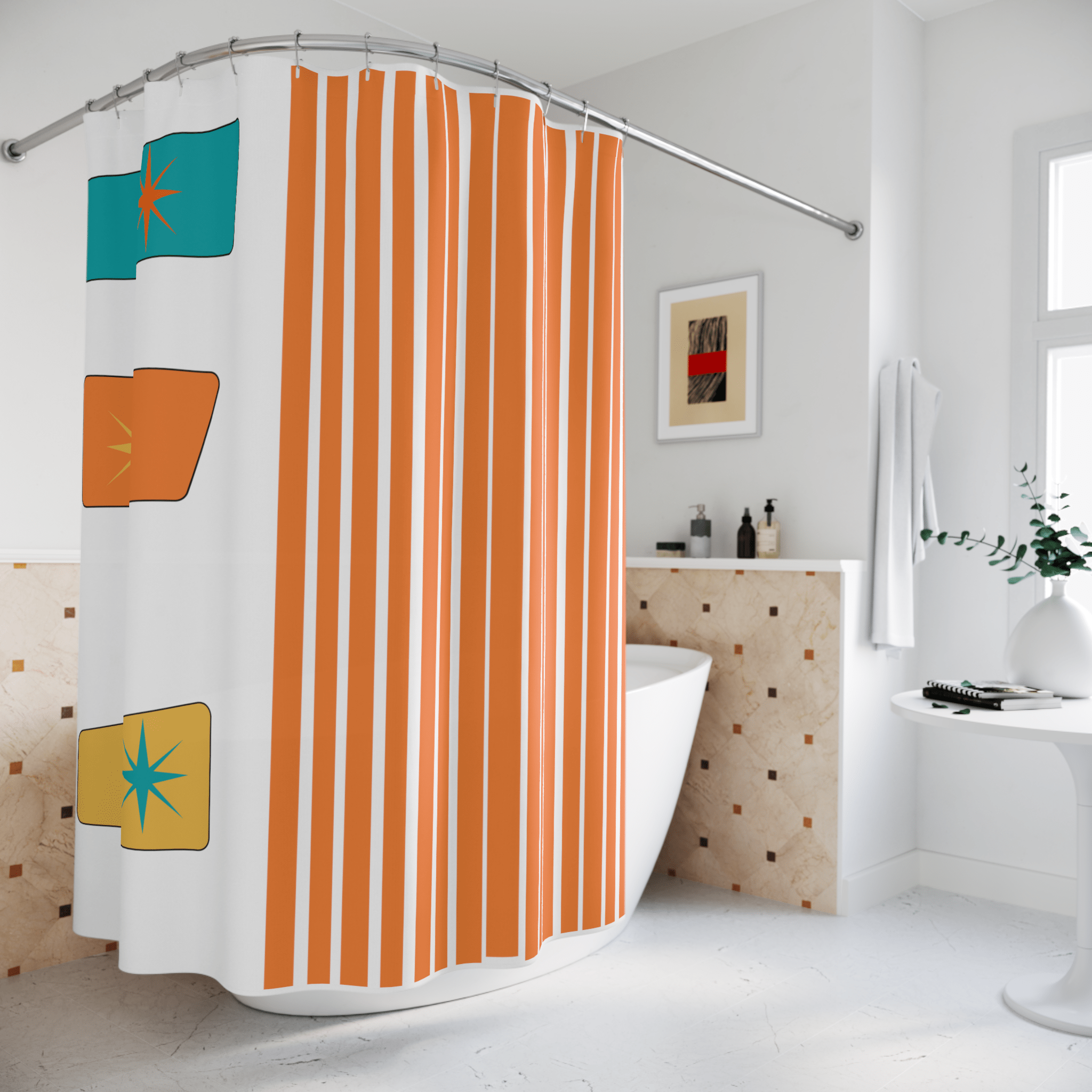 MCM Mid Mod Bathroom Shower Curtain, White, Orange, Yellow, Abstract, Geometric Atomic Age Living Home Decor 71" × 74"