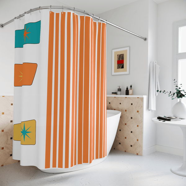 MCM Mid Mod Bathroom Shower Curtain, White, Orange, Yellow, Abstract, Geometric Atomic Age Living