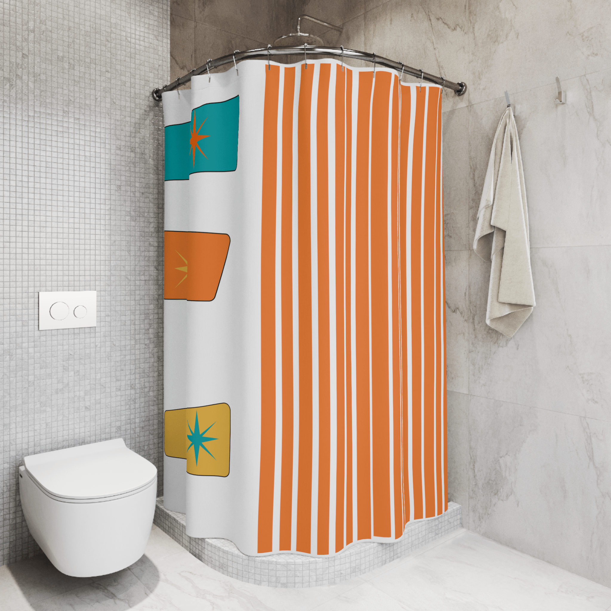 MCM Mid Mod Bathroom Shower Curtain, White, Orange, Yellow, Abstract, Geometric Atomic Age Living Home Decor 71" × 74"