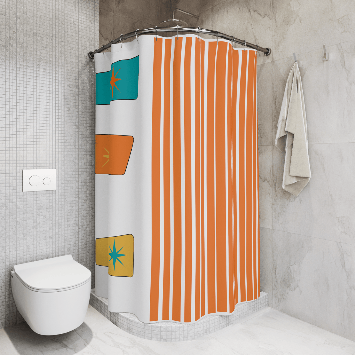 MCM Mid Mod Bathroom Shower Curtain, White, Orange, Yellow, Abstract, Geometric Atomic Age Living Home Decor 71" × 74"