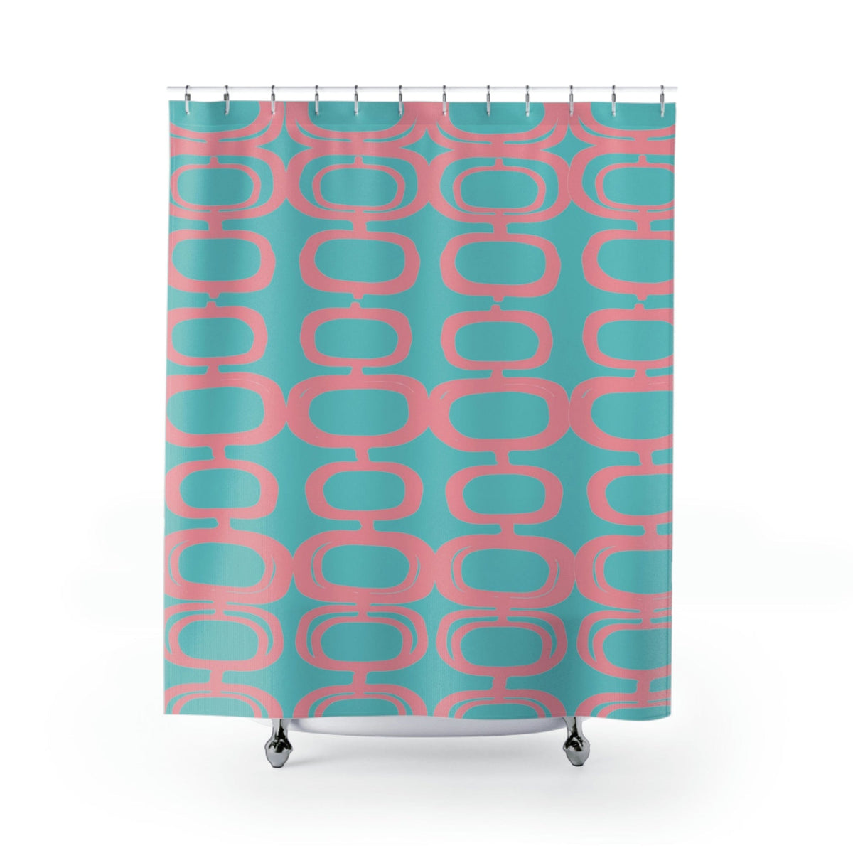Mid Century Atomic, Googie Pattern, Aqua Blue, Pink, Retro Mid Century Modern Shower Curtain Home Decor 71" × 74"