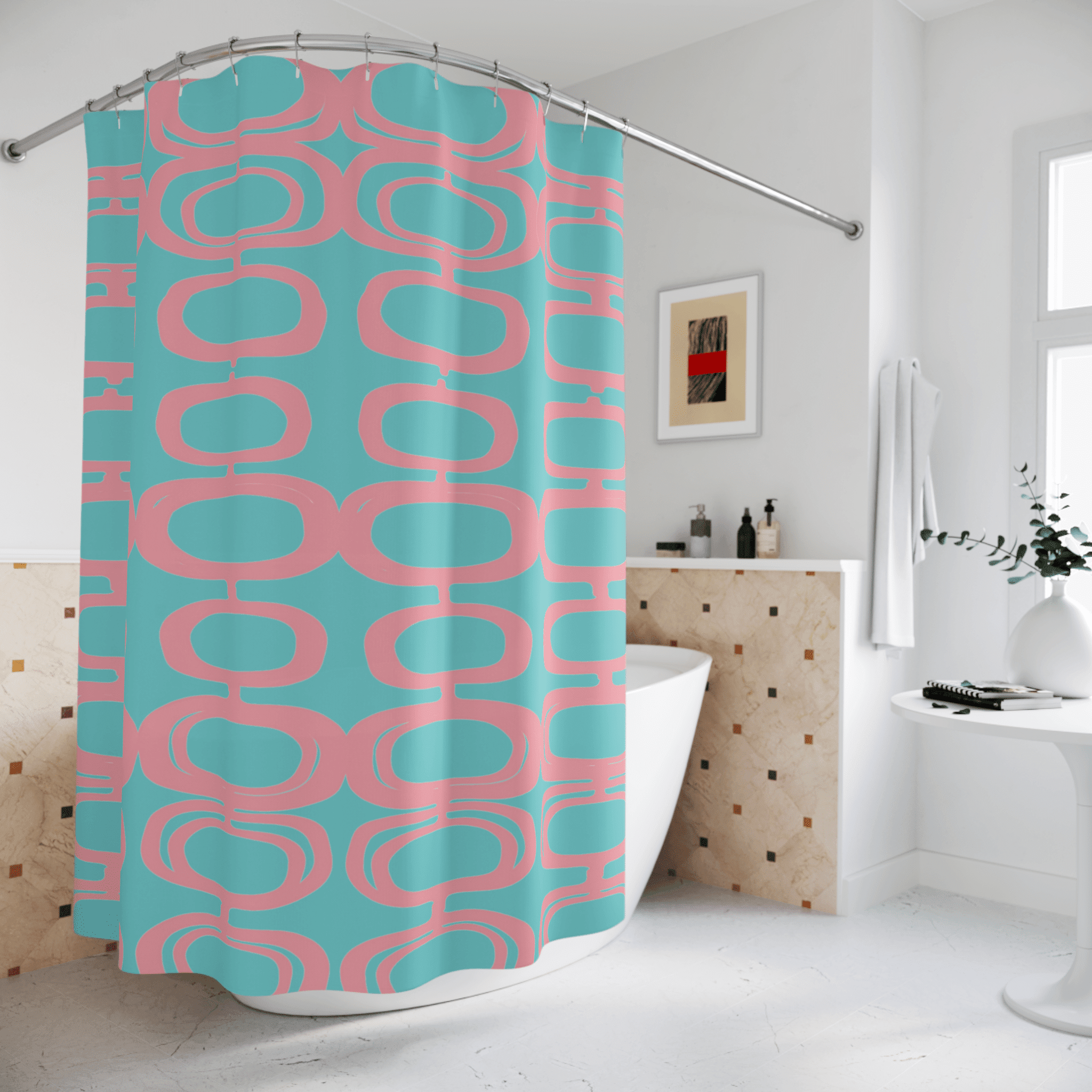 Mid Century Atomic, Googie Pattern, Aqua Blue, Pink, Retro Mid Century Modern Shower Curtain Home Decor 71" × 74"