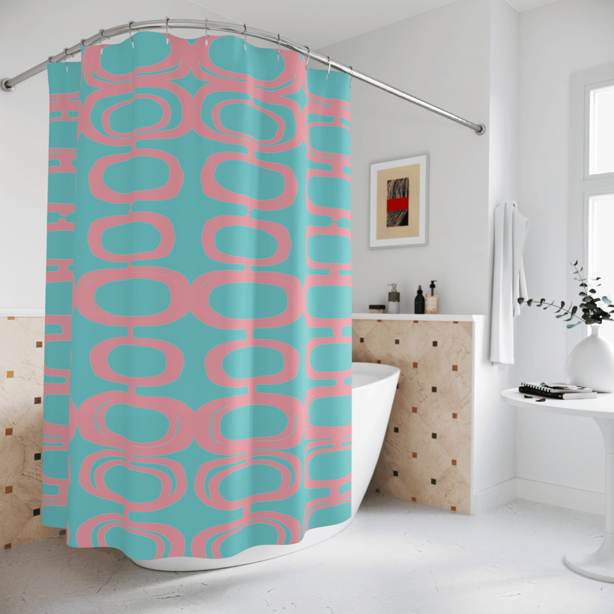 Mid Century Atomic, Googie Pattern, Aqua Blue, Pink, Retro Mid Century Modern Shower Curtain Home Decor 71" × 74"