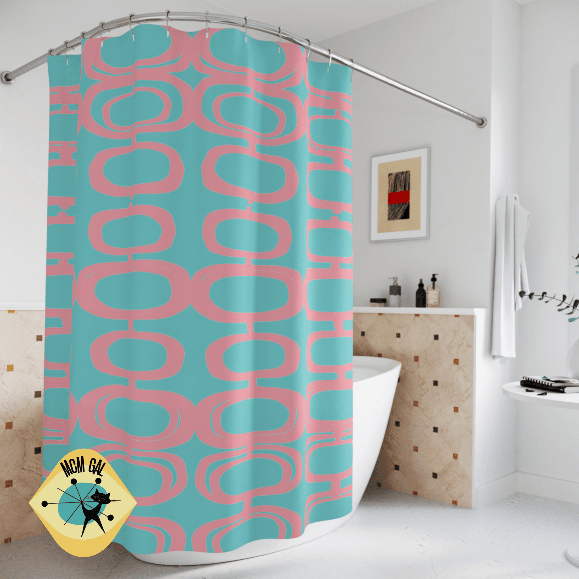 Mid Century Atomic, Googie Pattern, Aqua Blue, Pink, Retro Mid Century Modern Shower Curtain Home Decor 71" × 74"