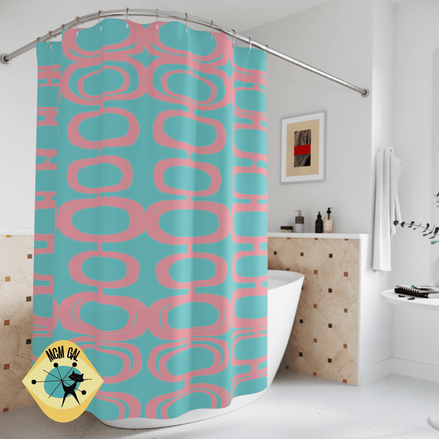 Mid Century Atomic, Googie Pattern, Aqua Blue, Pink, Retro Mid Century Modern Shower Curtain Home Decor 71" × 74"