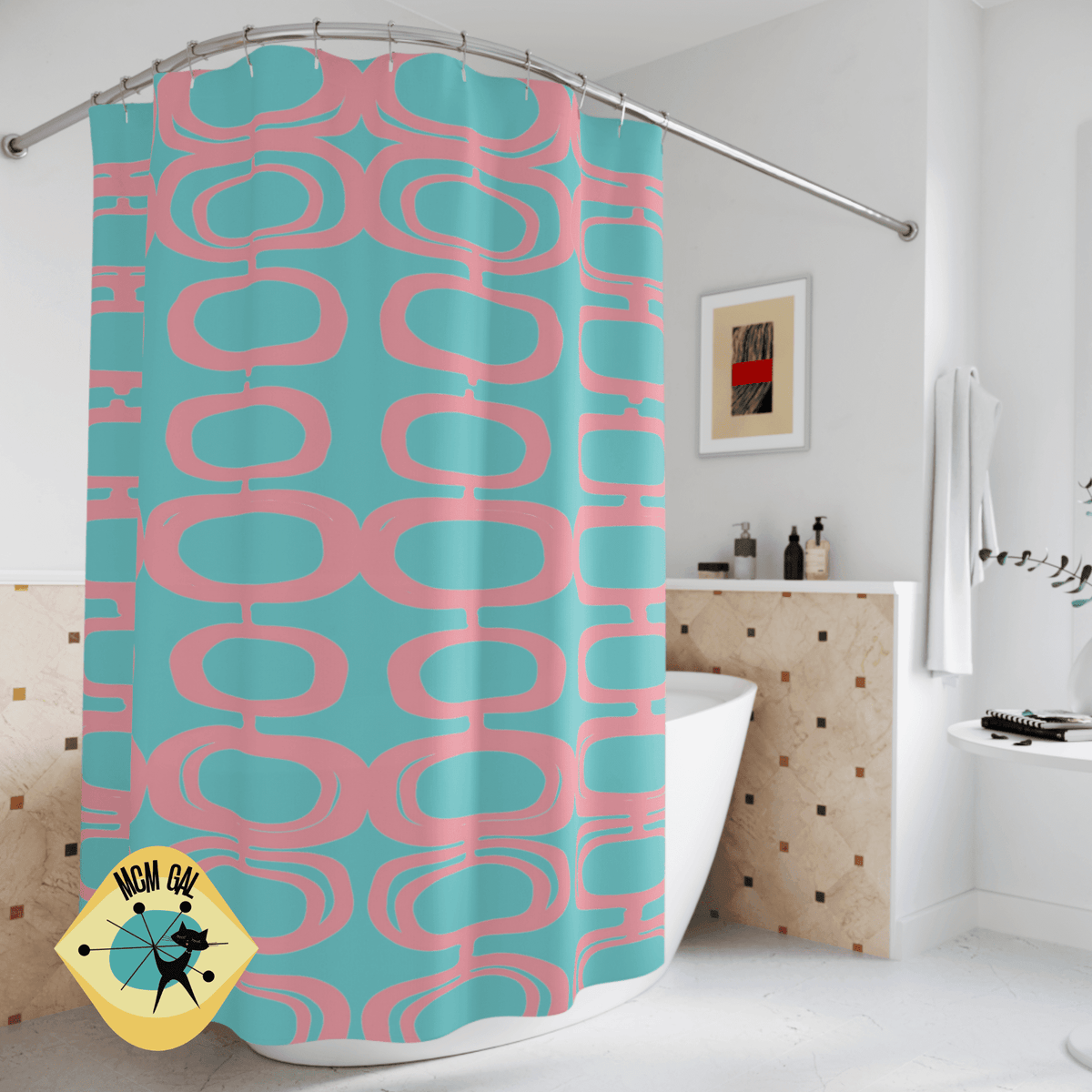 Mid Century Atomic, Googie Pattern, Aqua Blue, Pink, Retro Mid Century Modern Shower Curtain Home Decor 71" × 74"