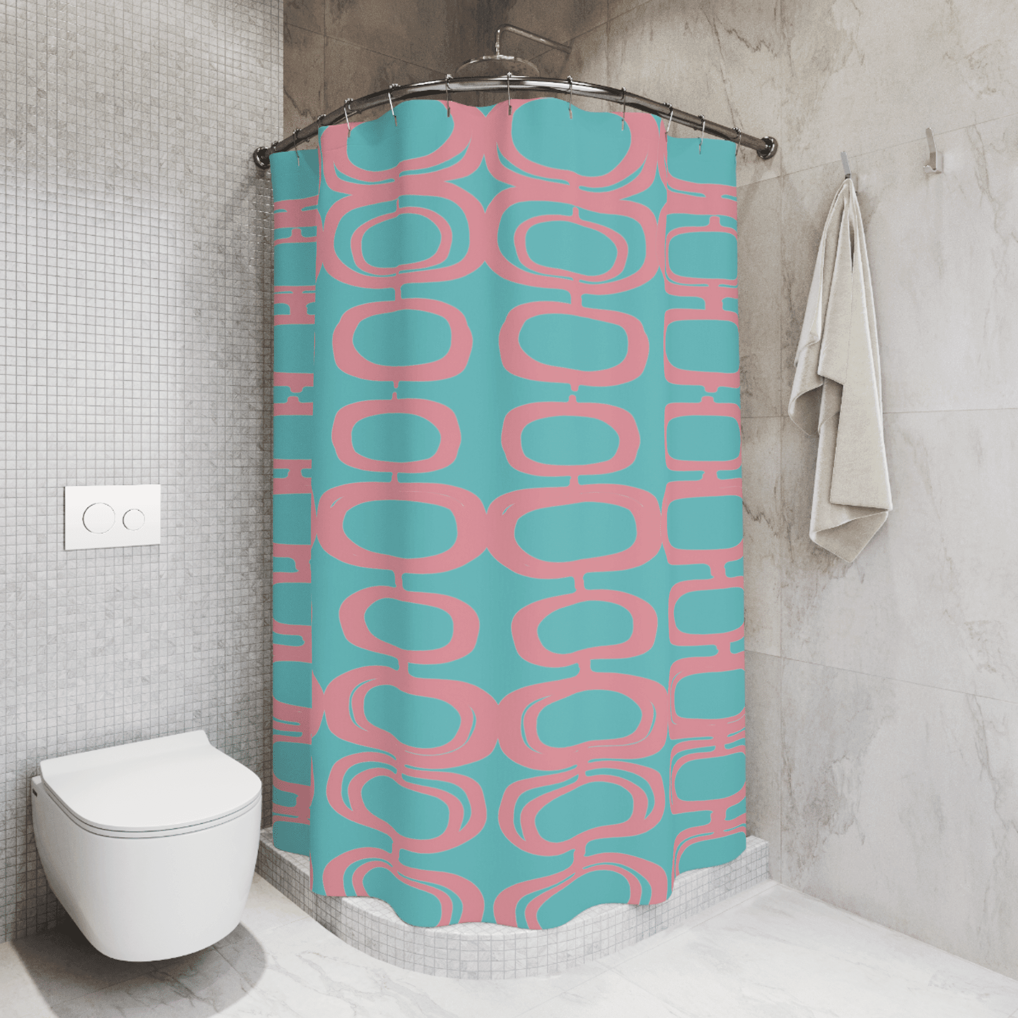 Mid Century Atomic, Googie Pattern, Aqua Blue, Pink, Retro Mid Century Modern Shower Curtain Home Decor 71" × 74"