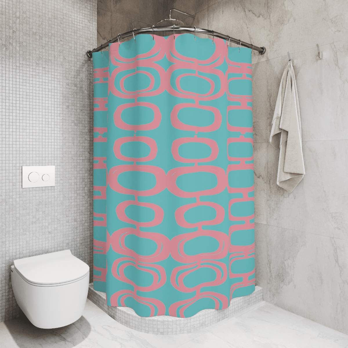 Mid Century Atomic, Googie Pattern, Aqua Blue, Pink, Retro Mid Century Modern Shower Curtain Home Decor 71" × 74"