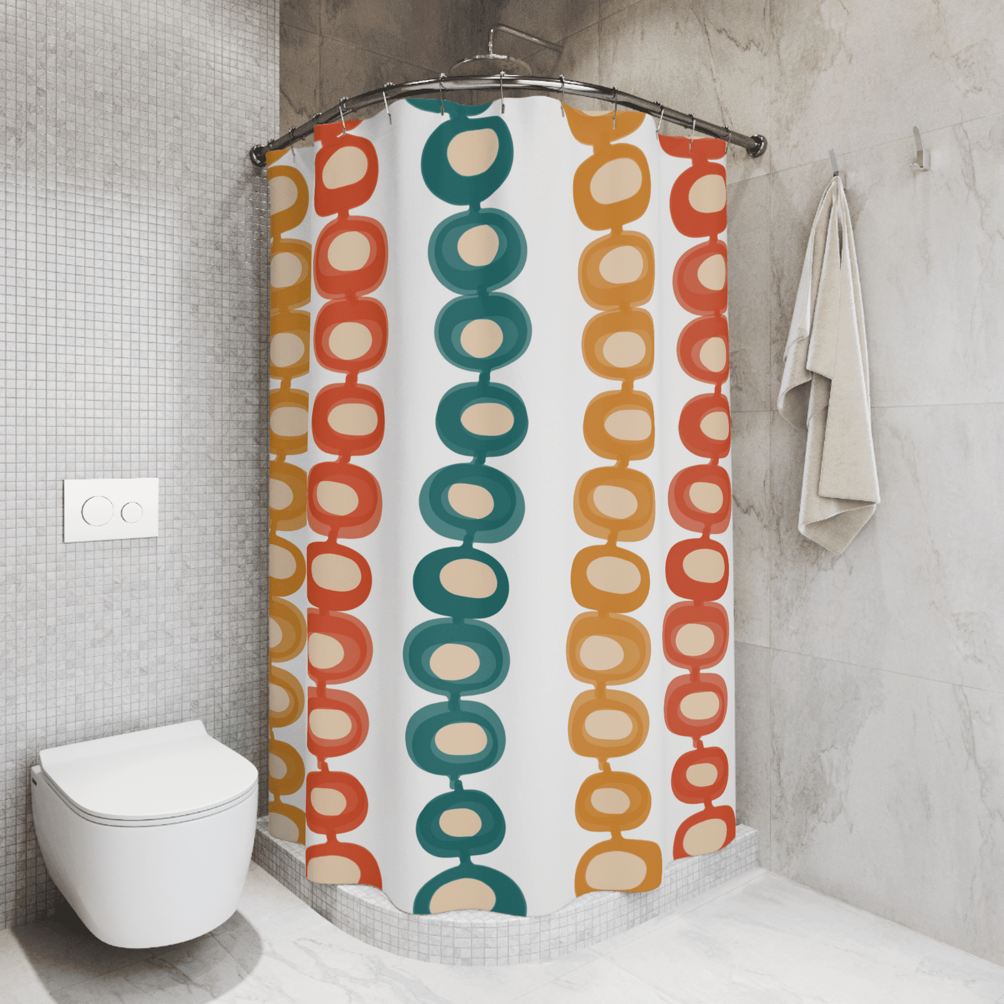 Mid Century Atomic, Googie, Retro Burnt Orange, Mustard Yellow, Teal, Groovy Design, MCM Shower Curtain Home Decor 71" × 74"