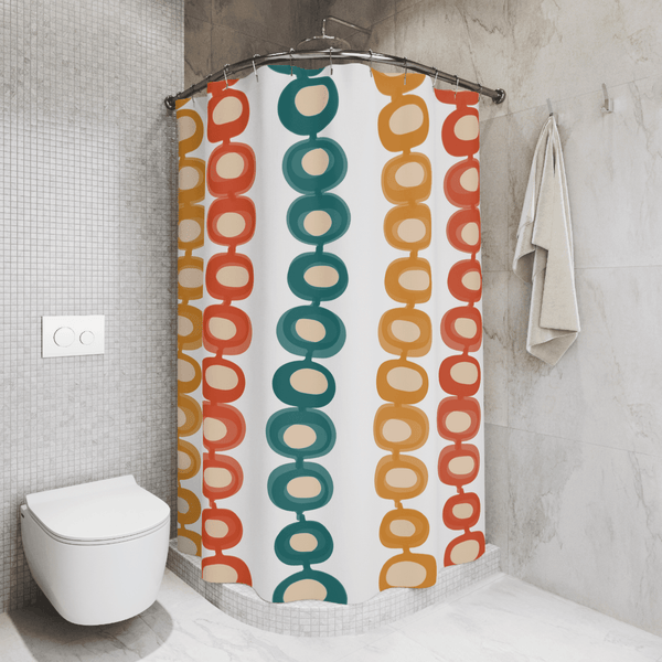 Mid Century Atomic, Googie, Retro Burnt Orange, Mustard Yellow, Teal, Groovy Design, MCM Shower Curtain