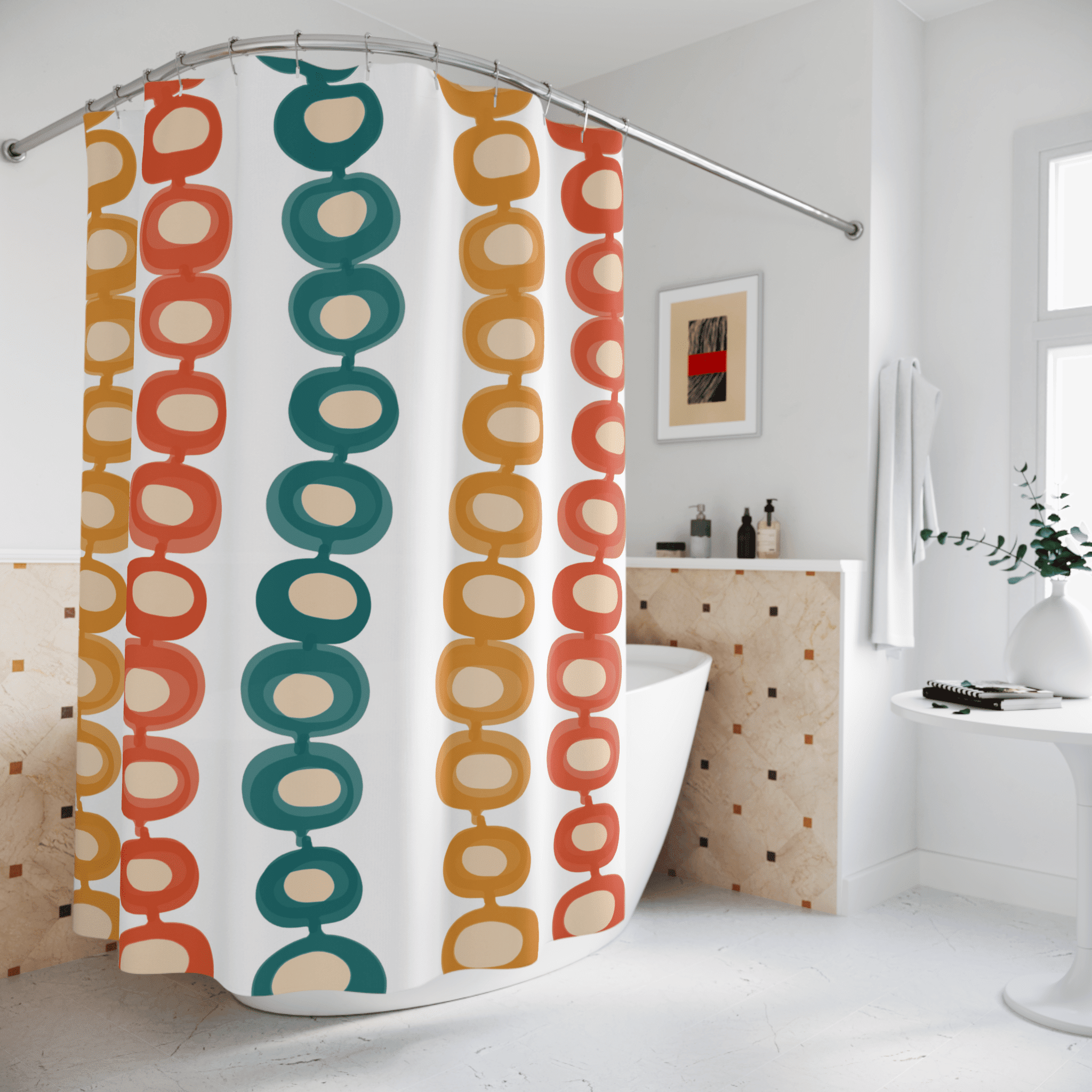 Mid Century Atomic, Googie, Retro Burnt Orange, Mustard Yellow, Teal, Groovy Design, MCM Shower Curtain Home Decor 71" × 74"
