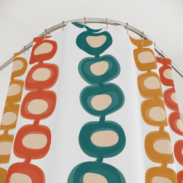 Mid Century Atomic, Googie, Retro Burnt Orange, Mustard Yellow, Teal, Groovy Design, MCM Shower Curtain