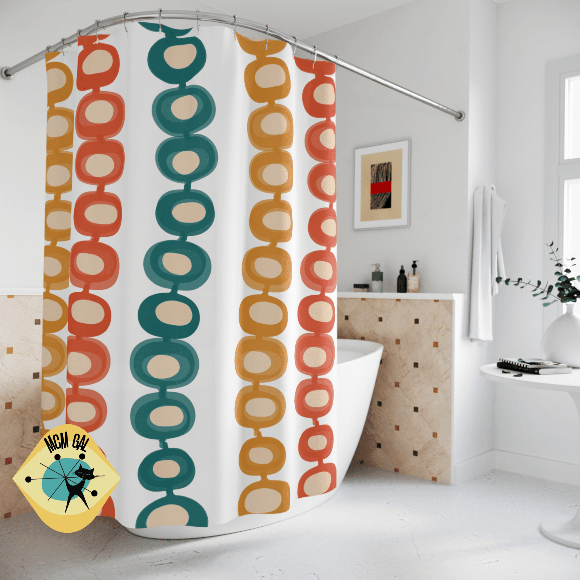 Mid Century Atomic, Googie, Retro Burnt Orange, Mustard Yellow, Teal, Groovy Design, MCM Shower Curtain Home Decor 71" × 74"