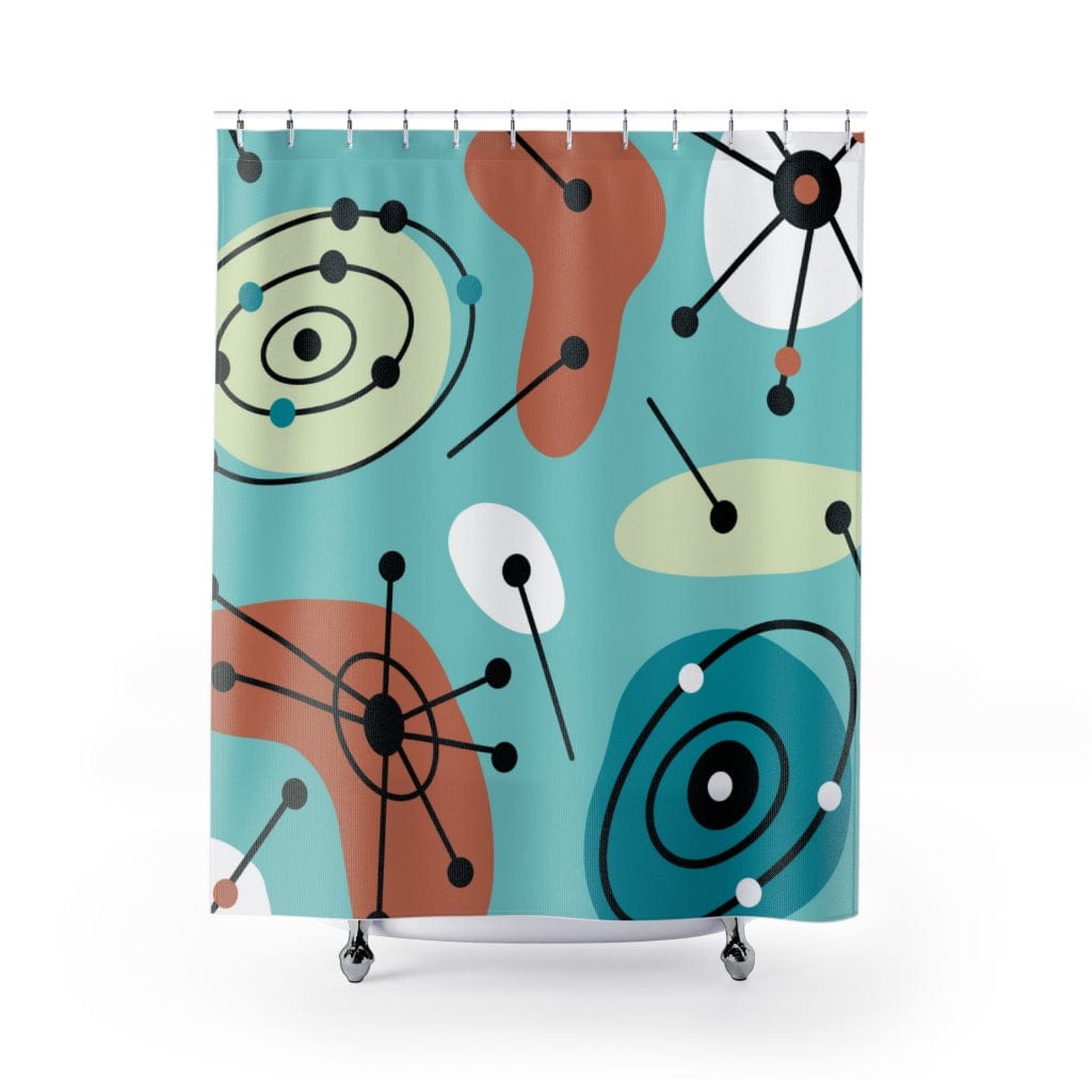 Mid Century Modern, Abstract, Geometric Art, Starburst, Aqua Blue, Coral, White, Black, Light Green, Groovy MCM Shower Curtains Home Decor 71" × 74"