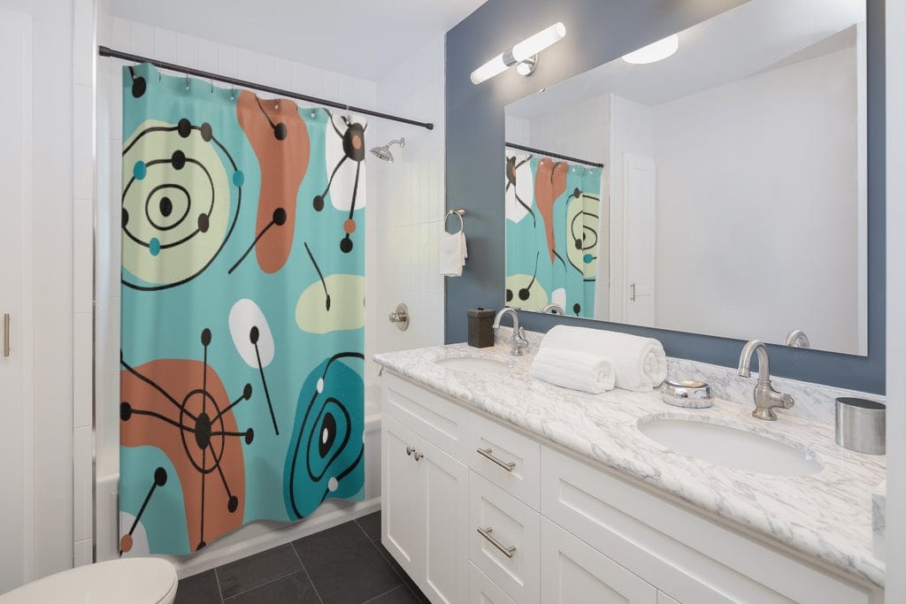 Mid Century Modern, Abstract, Geometric Art, Starburst, Aqua Blue, Coral, White, Black, Light Green, Groovy MCM Shower Curtains Home Decor 71" × 74"