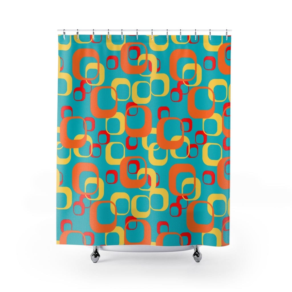 Mid Century Modern, Aqua Blue, Orange, Yellow, Red, Geometric, Retro, MCM Shower Curtains Home Decor 71" × 74"