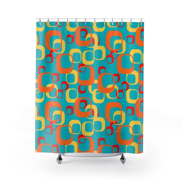 Mid Century Modern, Aqua Blue, Orange, Yellow, Red, Geometric, Retro, MCM Shower Curtains