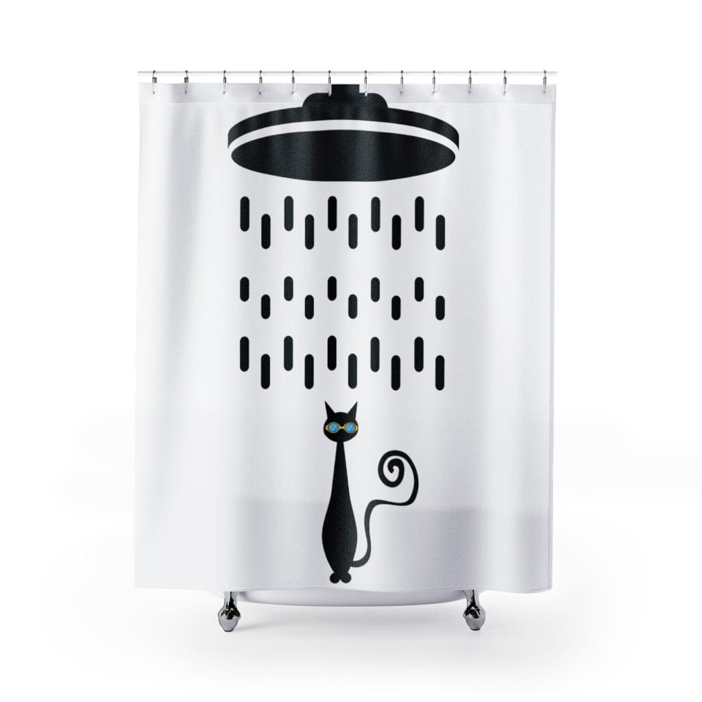 Mid Century Modern, Atomic Cat, Shower Head, Retro Cool Cat with Goggles, Black and White MCM Home Decor Shower Curtain Home Decor 71" × 74"