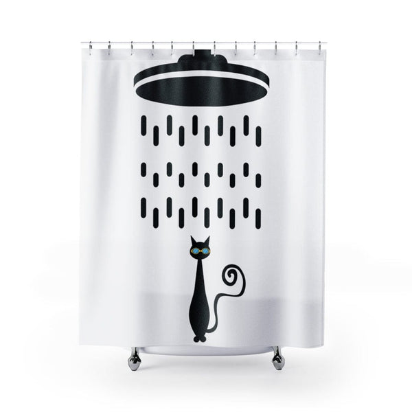 Mid Century Modern, Atomic Cat, Shower Head, Retro Cool Cat with Goggles, Black and White MCM Home Decor Shower Curtain