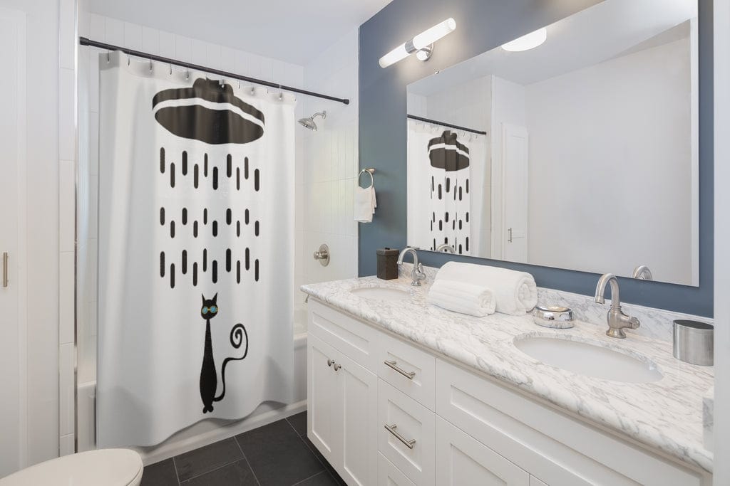 Mid Century Modern, Atomic Cat, Shower Head, Retro Cool Cat with Goggles, Black and White MCM Home Decor Shower Curtain Home Decor 71" × 74"