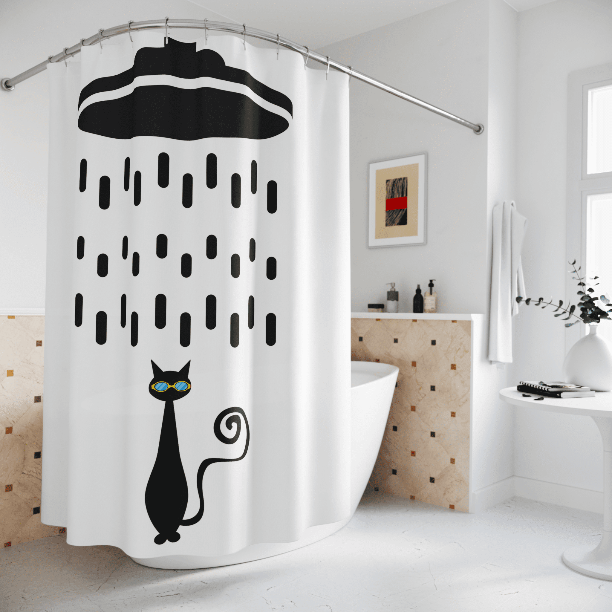 Mid Century Modern, Atomic Cat, Shower Head, Retro Cool Cat with Goggles, Black and White MCM Home Decor Shower Curtain Home Decor 71" × 74"