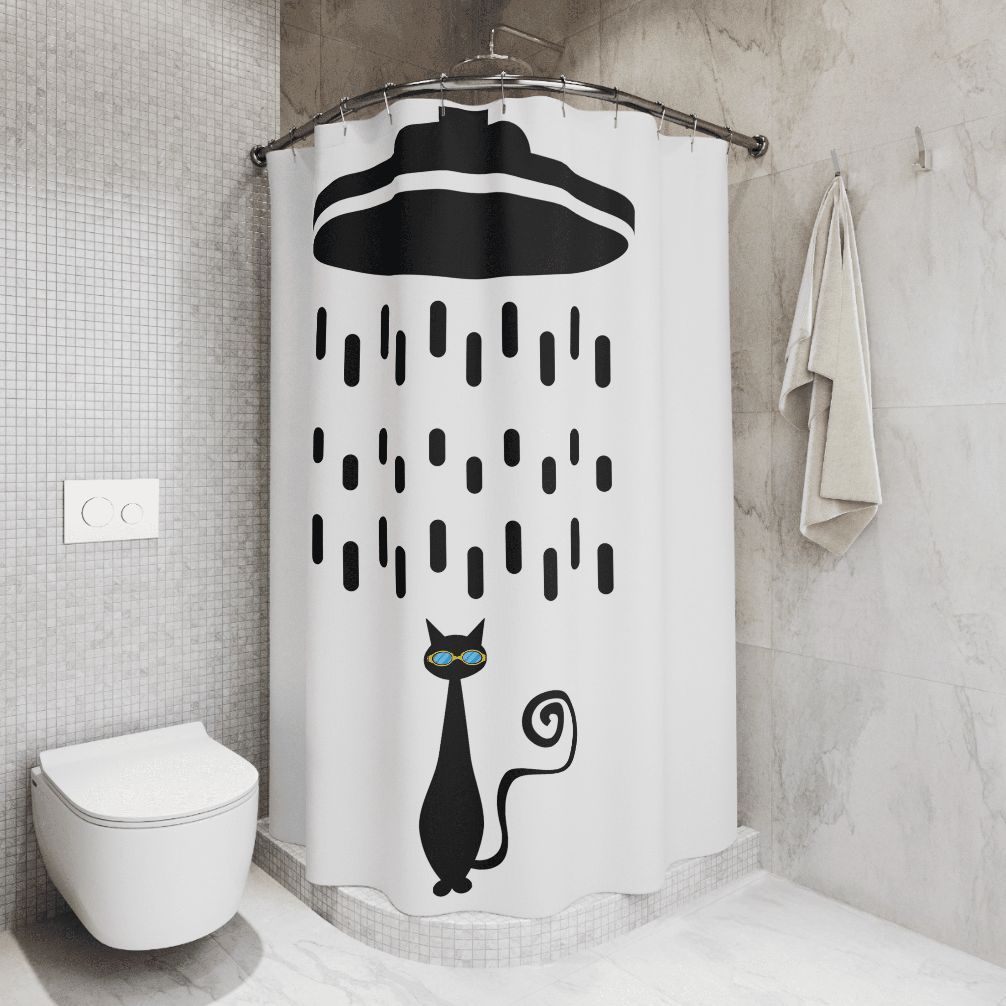 Mid Century Modern, Atomic Cat, Shower Head, Retro Cool Cat with Goggles, Black and White MCM Home Decor Shower Curtain Home Decor 71" × 74"