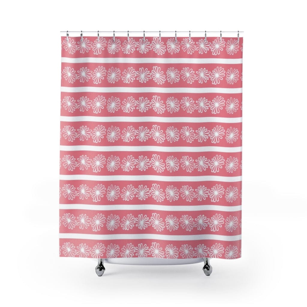 Mid Century Modern, Atomic Pink, Daisy, White, Retro Shower Curtain Home Decor 71" × 74"