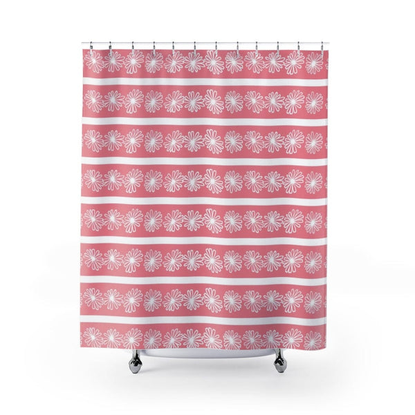 Mid Century Modern, Atomic Pink, Daisy, White, Retro Shower Curtain