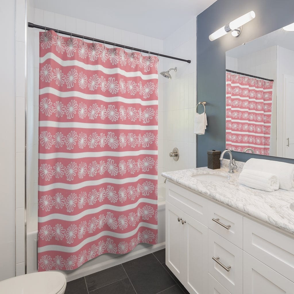 Mid Century Modern, Atomic Pink, Daisy, White, Retro Shower Curtain Home Decor 71" × 74"