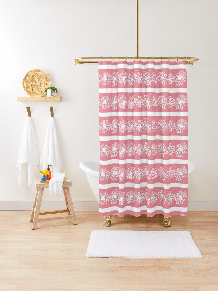 Mid Century Modern, Atomic Pink, Daisy, White, Retro Shower Curtain Home Decor 71" × 74"