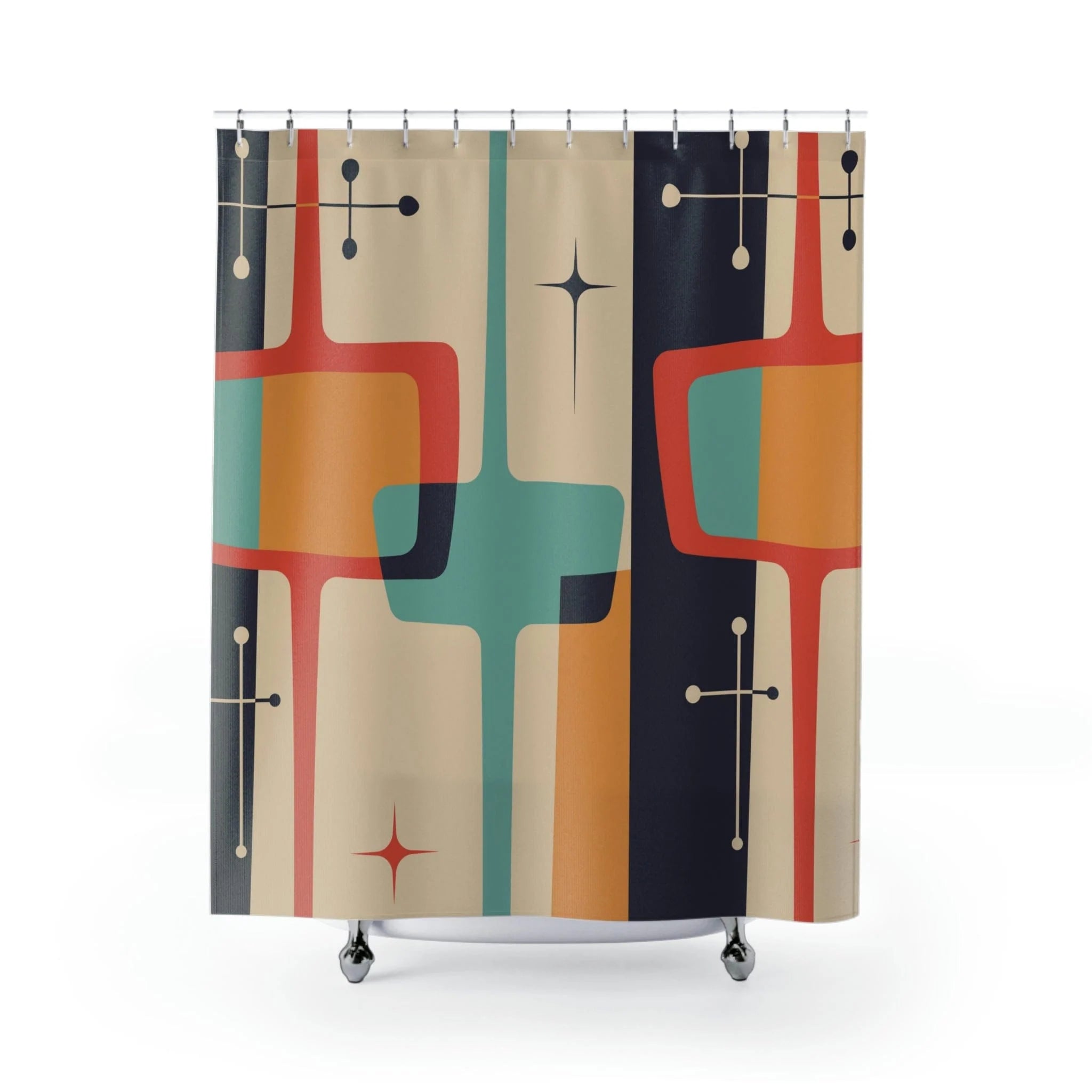 Mid Century Modern Geometric, Atomic Starburst, Slate Gray, Mustard Yellow, Beige, Coral, Abstract Retro Shower Curtains Home Decor 71" × 74"