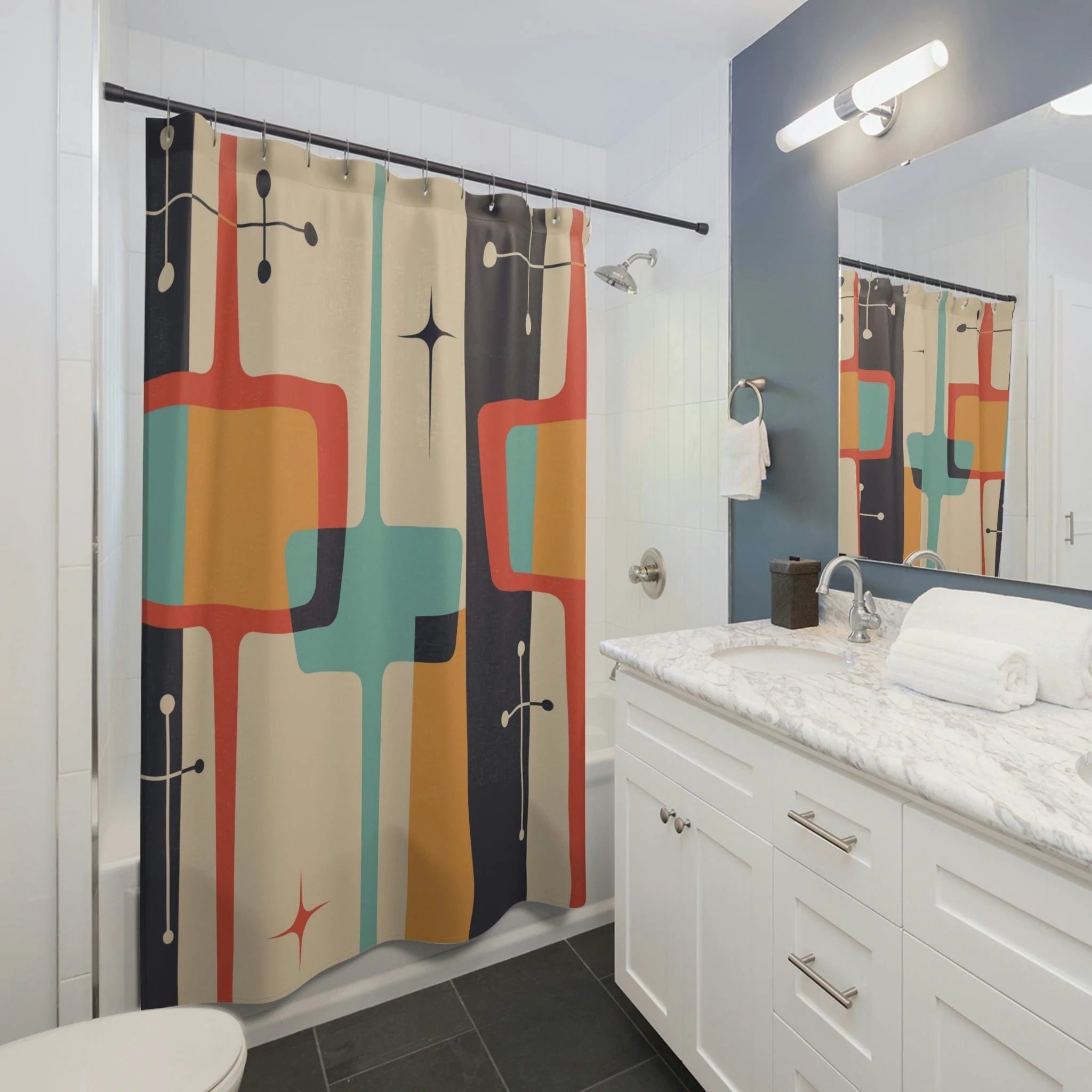 Mid Century Modern Geometric, Atomic Starburst, Slate Gray, Mustard Yellow, Beige, Coral, Abstract Retro Shower Curtains Home Decor 71" × 74"