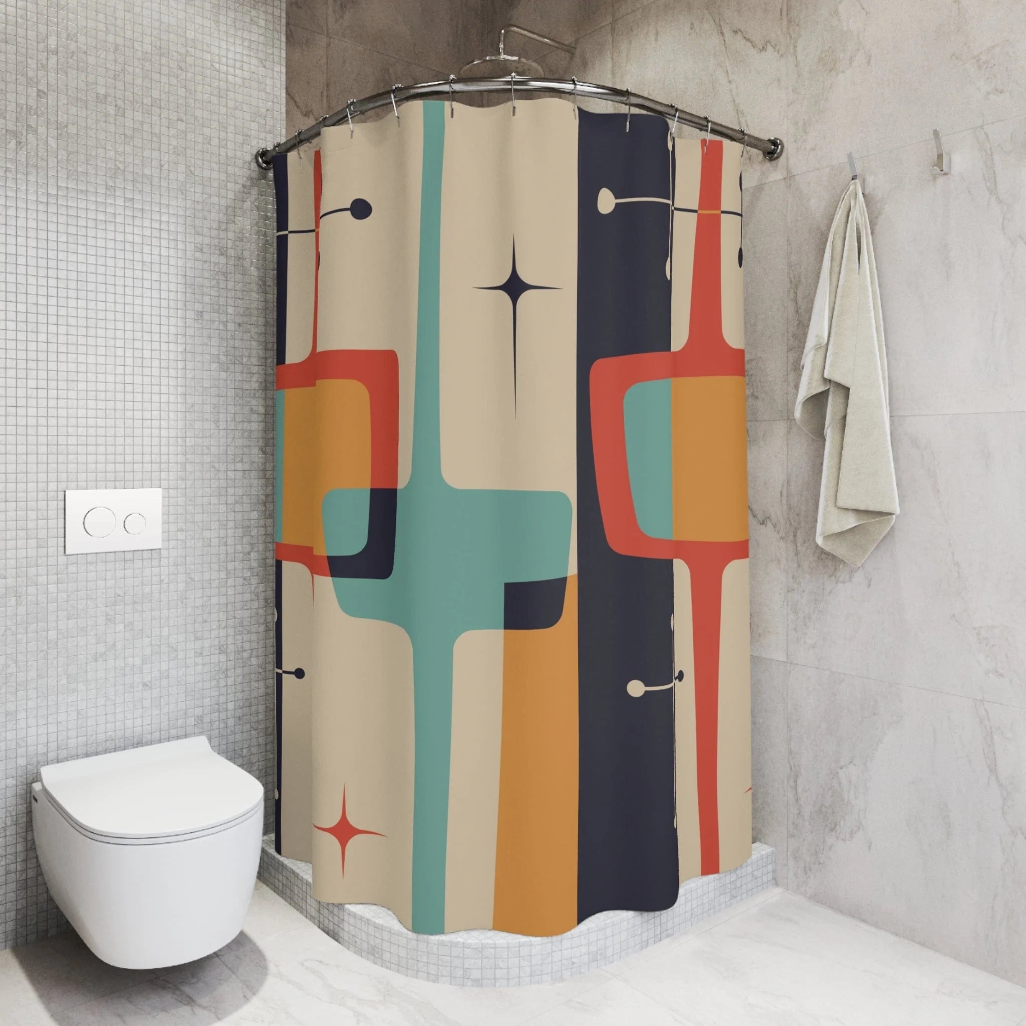 Mid Century Modern Geometric, Atomic Starburst, Slate Gray, Mustard Yellow, Beige, Coral, Abstract Retro Shower Curtains Home Decor 71" × 74"