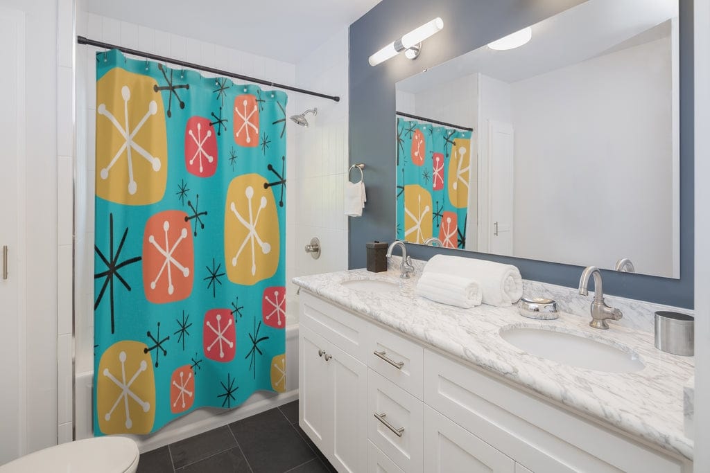 Mid Century Modern, Googie, Starburst, Atomic Aqua, Yellow, Coral, Mid Mod, MCM Spring, Summer Retro Shower Curtain Home Decor 71" × 74"