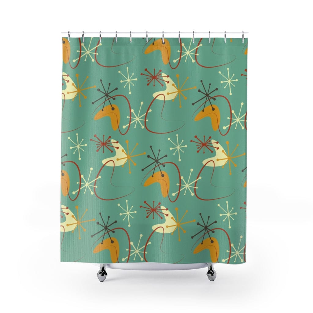 Mid Century Modern, Green, Atomic Boomerang Blue Grass Retro MCM Mid Mod Shower Curtain Home Decor 71" × 74"
