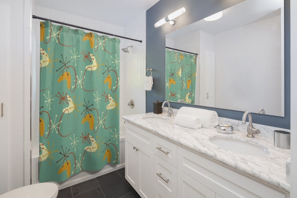 Mid Century Modern, Green, Atomic Boomerang Blue Grass Retro MCM Mid Mod Shower Curtain Home Decor 71" × 74"