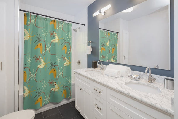 Mid Century Modern, Green, Atomic Boomerang Blue Grass Retro MCM Mid Mod Shower Curtain