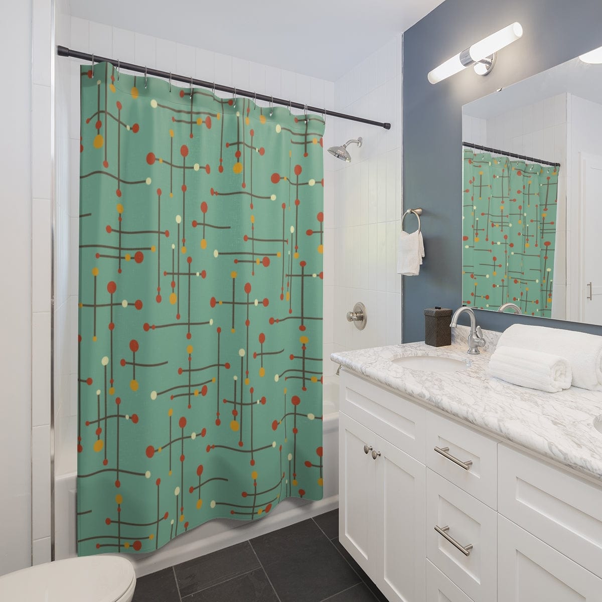 Mid Century Modern, Green, Linear Dot, MCM Shower Curtain Home Decor 71" × 74"