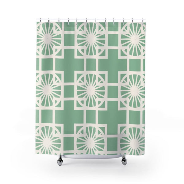 Mid Century Modern, Mint Green, Beige, 1950's Breeze Block, Mid Mod, MCM Atomic Living Shower Curtain