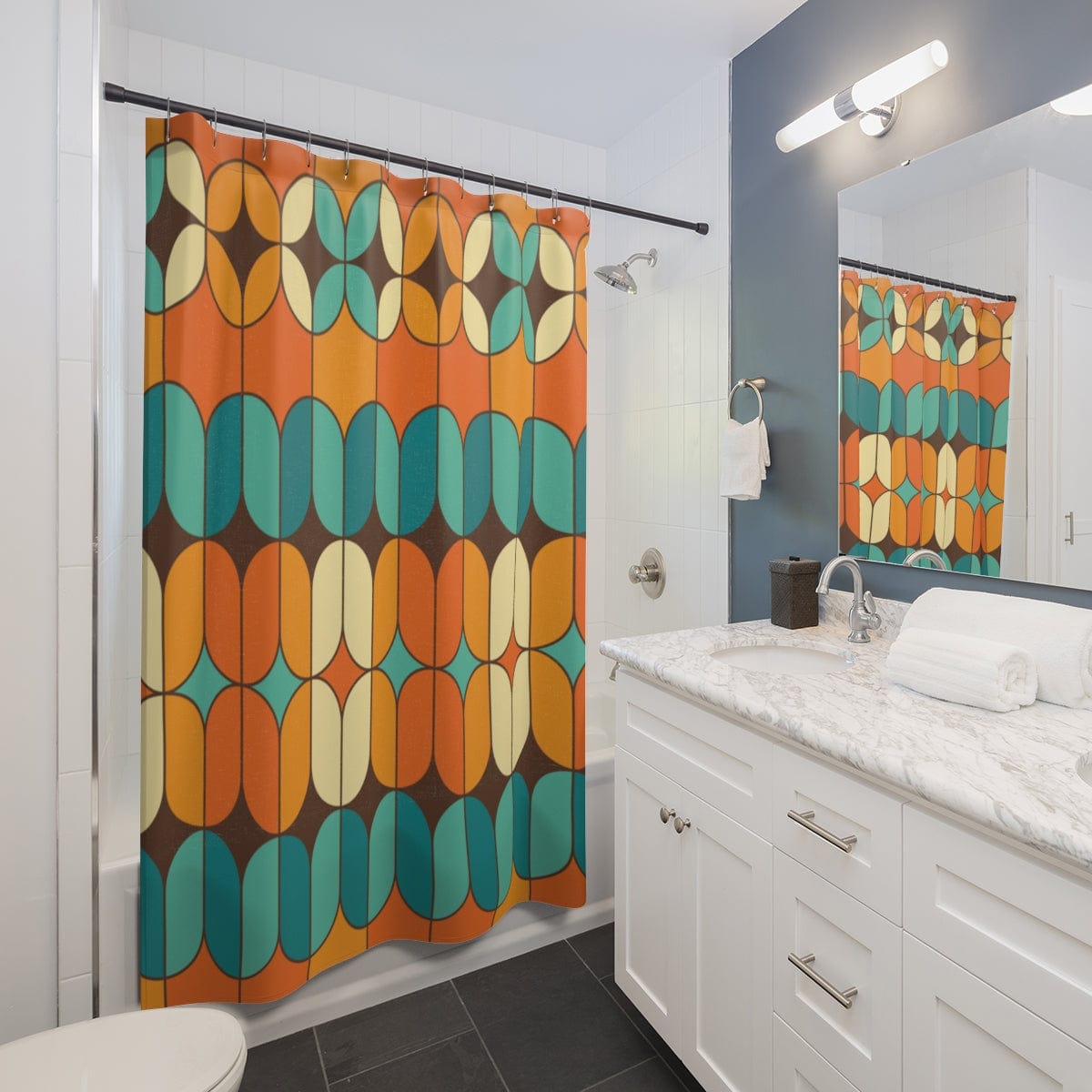 Mid Century Modern Orange, Brown, Teal and Cream Retro Shower Curtain Home Decor 71" × 74"