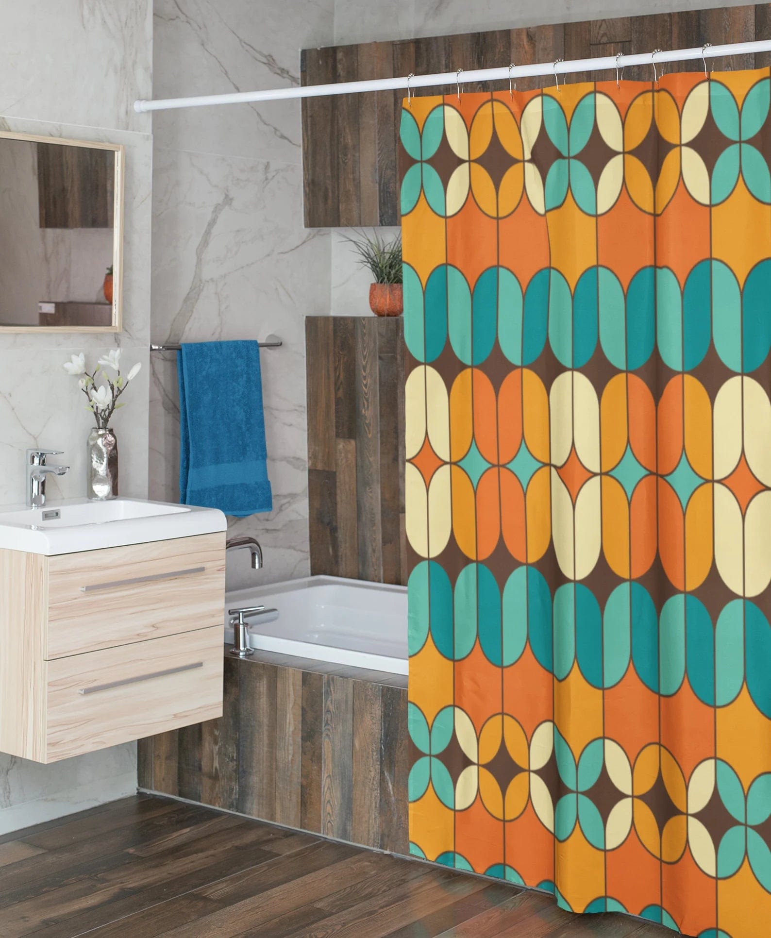 Mid Century Modern Orange, Brown, Teal and Cream Retro Shower Curtain Home Decor 71" × 74"