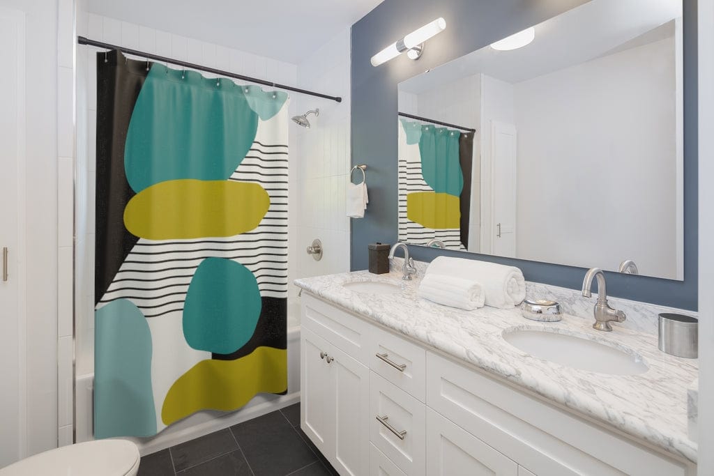 Mid Century Modern Retro MCM Design Abstract Turquoise, Green, Black, Light Blue s Shower Curtain Home Decor 71" × 74"