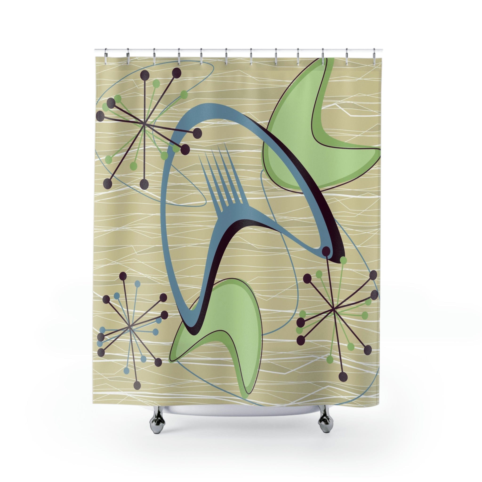Mid Century Modern Shower Curtain, Atomic Boomerang, Green Blue, Abstract Retro Bath Decor Home Decor 71" × 74"