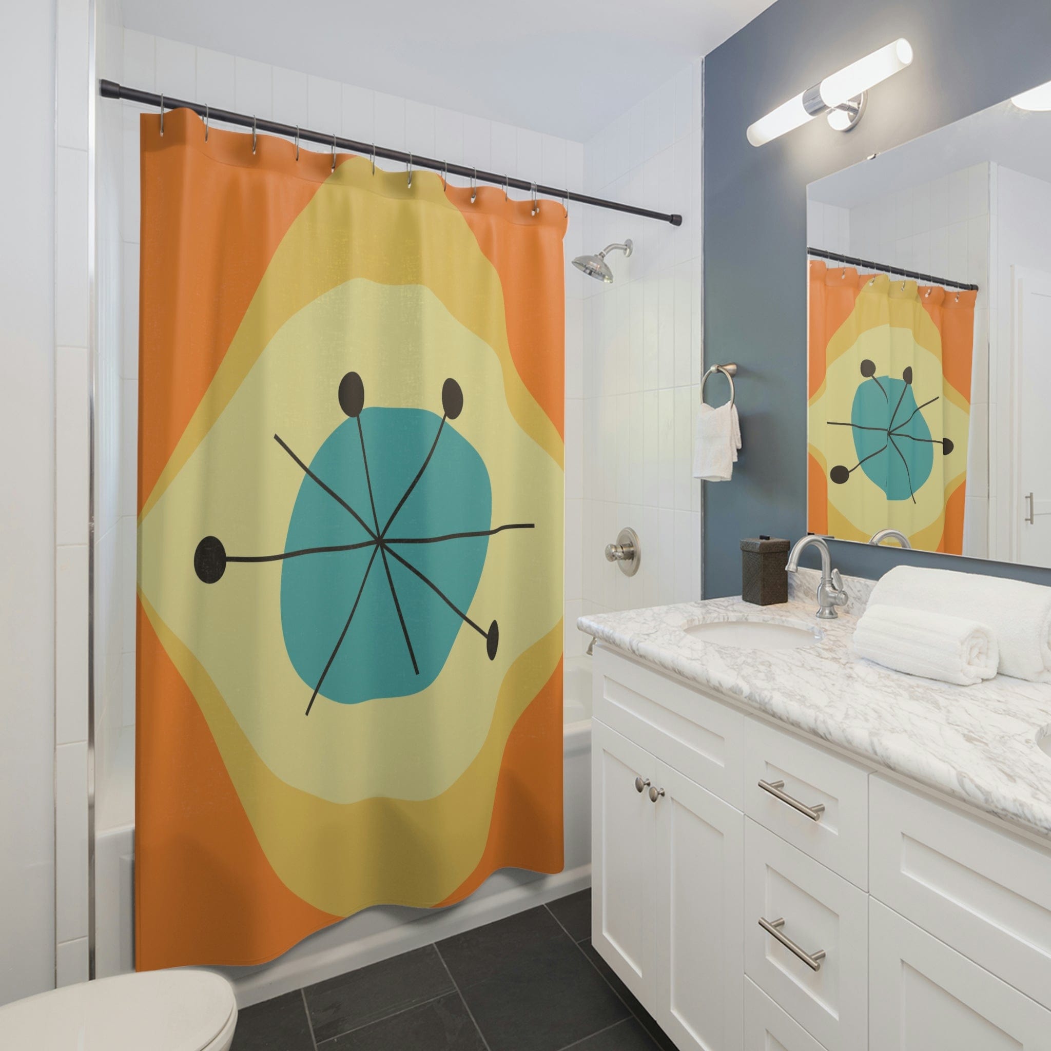 Mid Century Modern, Sputnik Starburst, Groovy Geometric, Bold Orange, Mustard Yellow, Mid Mod Chic, Modern Core, Retro Shower Curtain Home Decor 71" × 74"