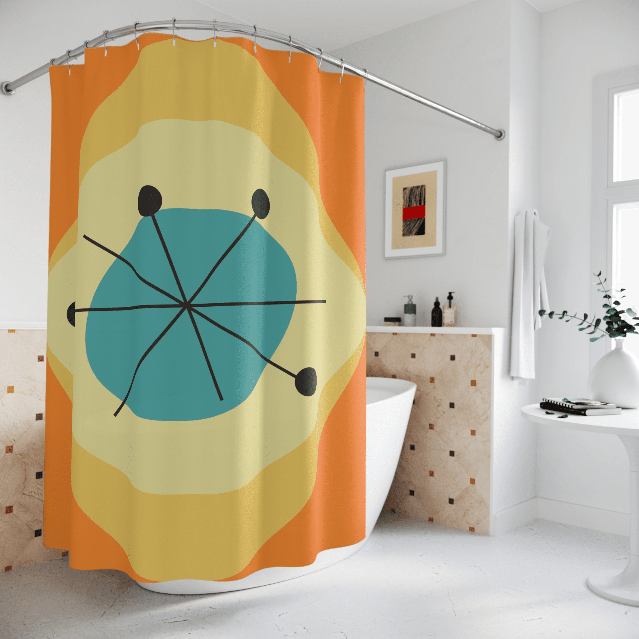 Mid Century Modern, Sputnik Starburst, Groovy Geometric, Bold Orange, Mustard Yellow, Mid Mod Chic, Modern Core, Retro Shower Curtain Home Decor 71" × 74"