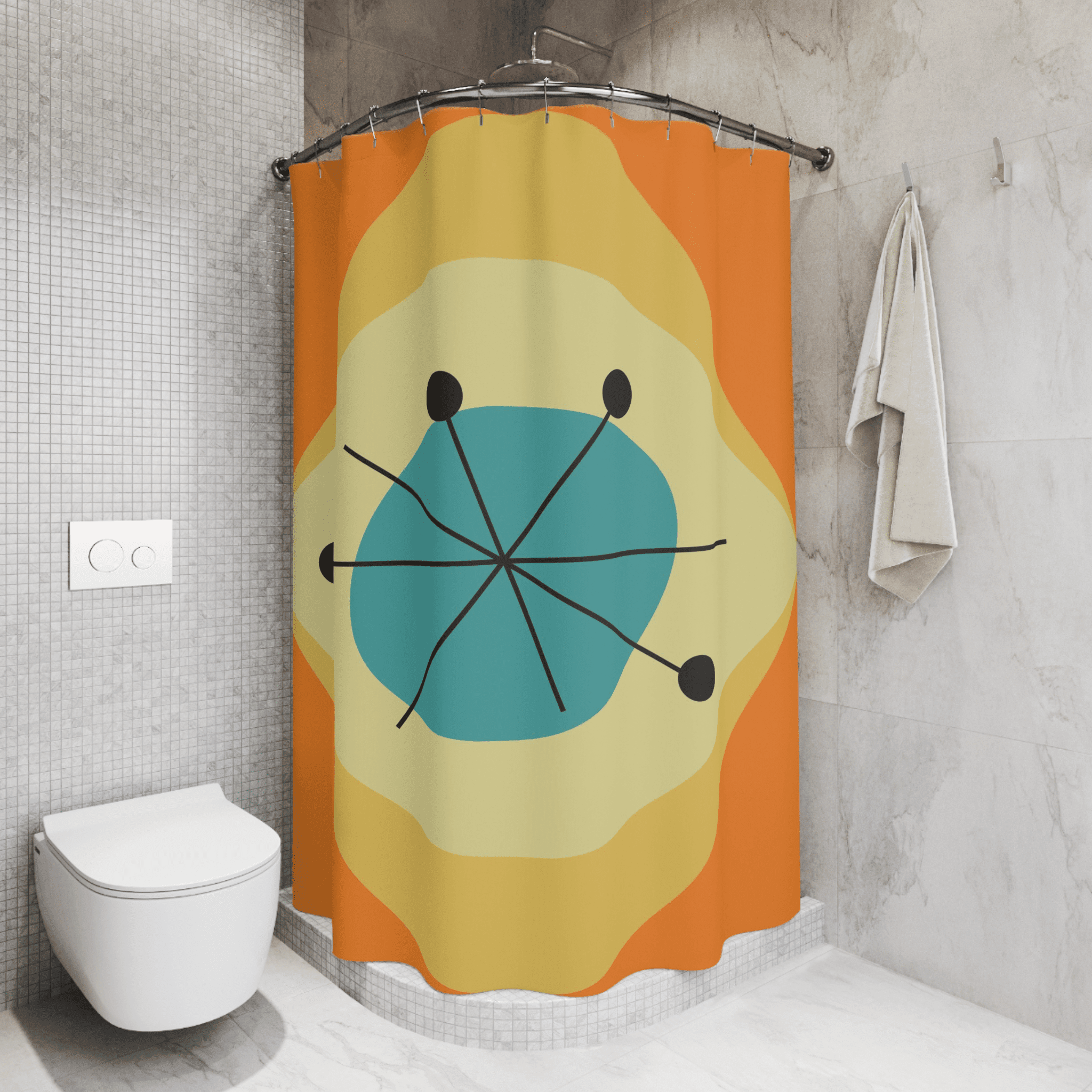 Mid Century Modern, Sputnik Starburst, Groovy Geometric, Bold Orange, Mustard Yellow, Mid Mod Chic, Modern Core, Retro Shower Curtain Home Decor 71" × 74"