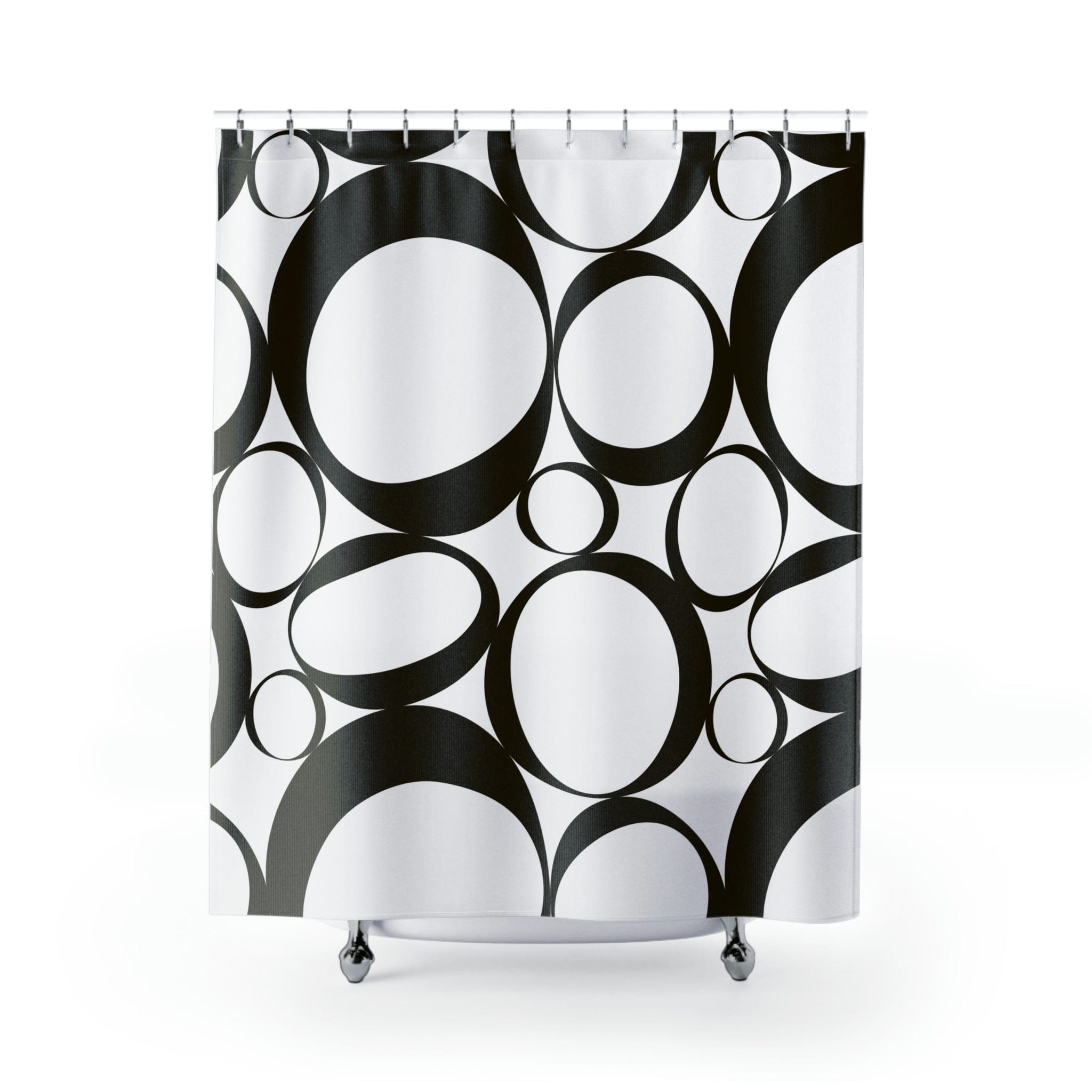 Mid Mod, Black And White, Retro Geometric Circle Minimalist Shower Curtain Home Decor 71" × 74"