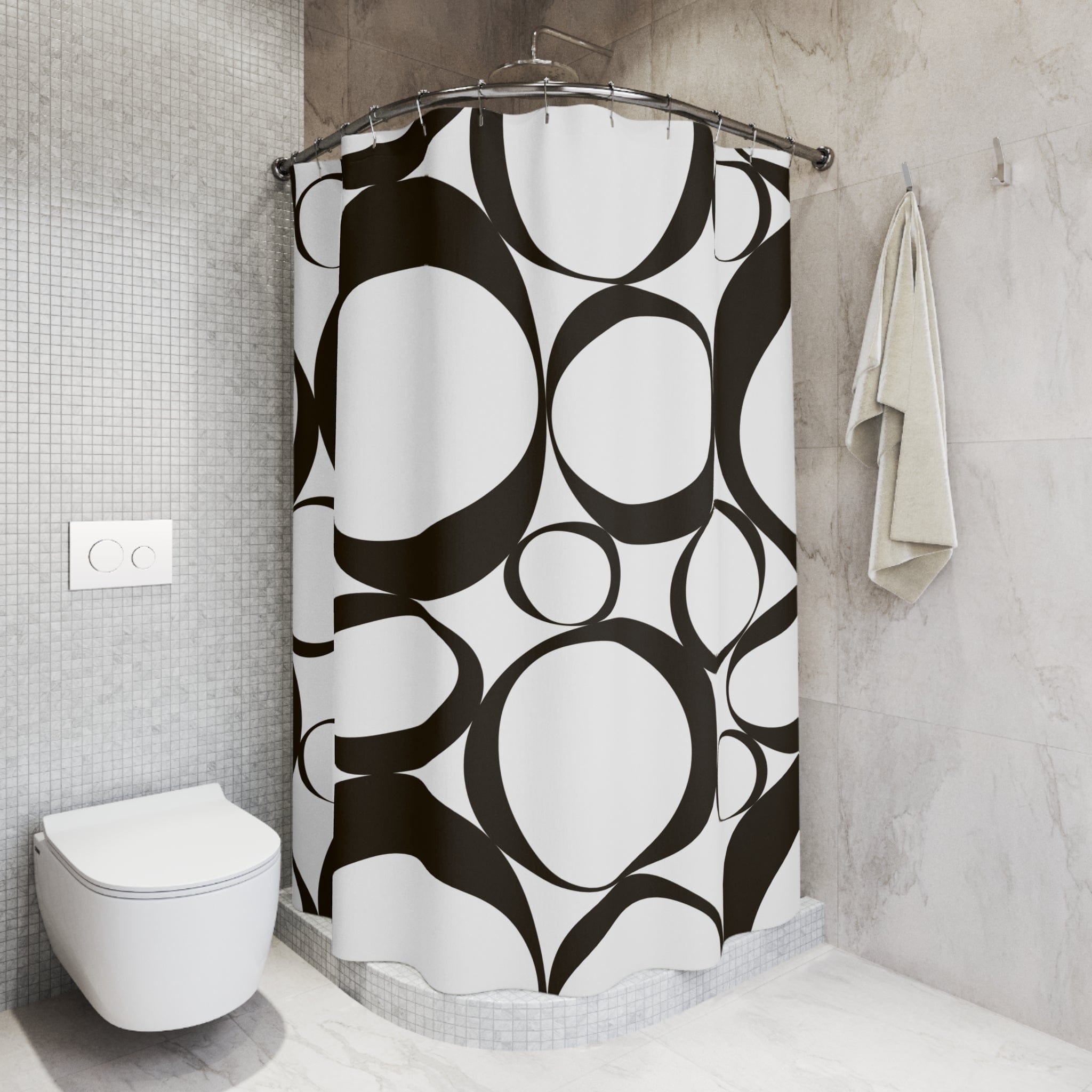 Mid Mod, Black And White, Retro Geometric Circle Minimalist Shower Curtain Home Decor 71" × 74"